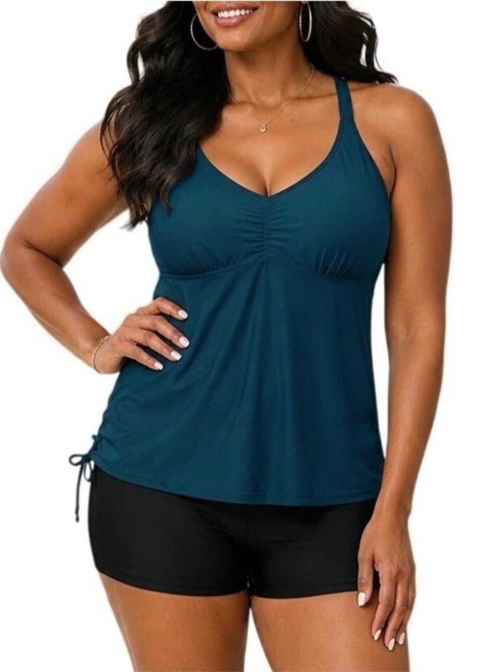 Tempt Me Size Medium Two Piece Tankini Swimsuit Teal Top & Black Shorts for Pool